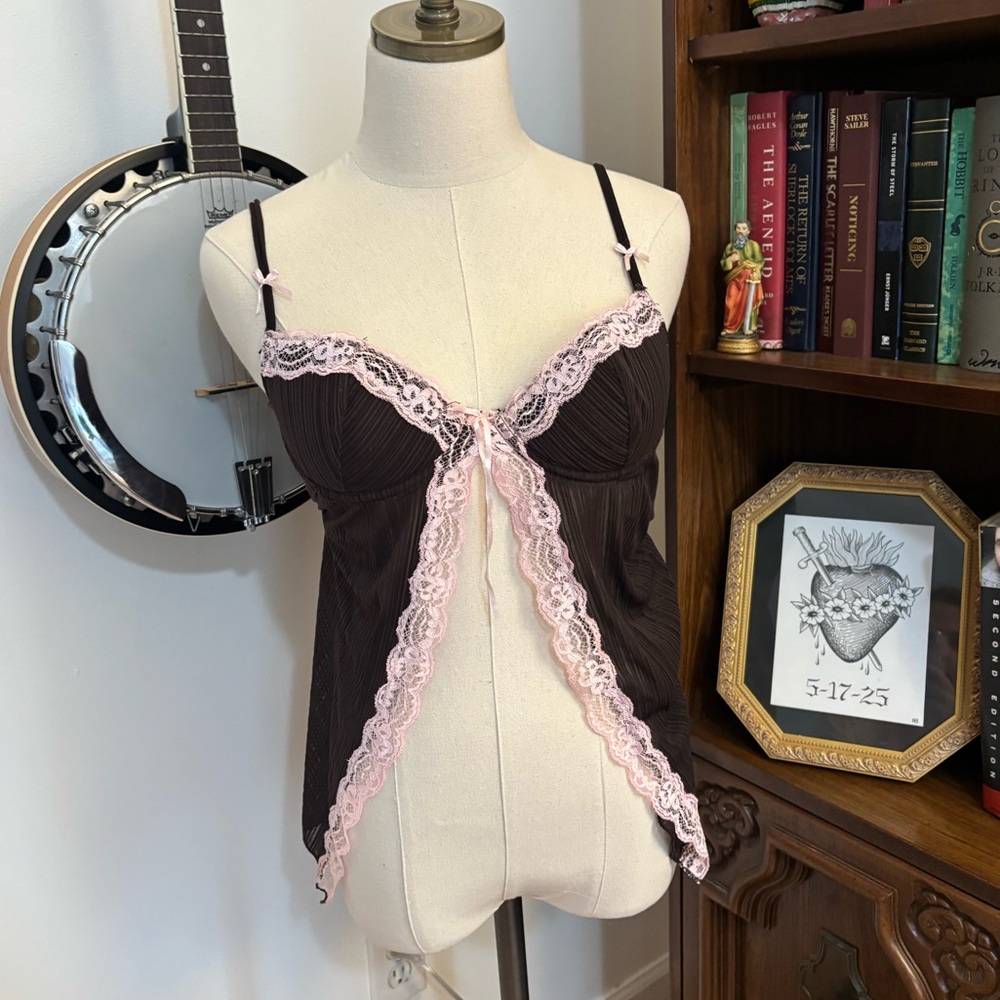 Y2K Rampage Festival Chocolate Brown Baby Pink Lace Bow Cutaway Top SZ M